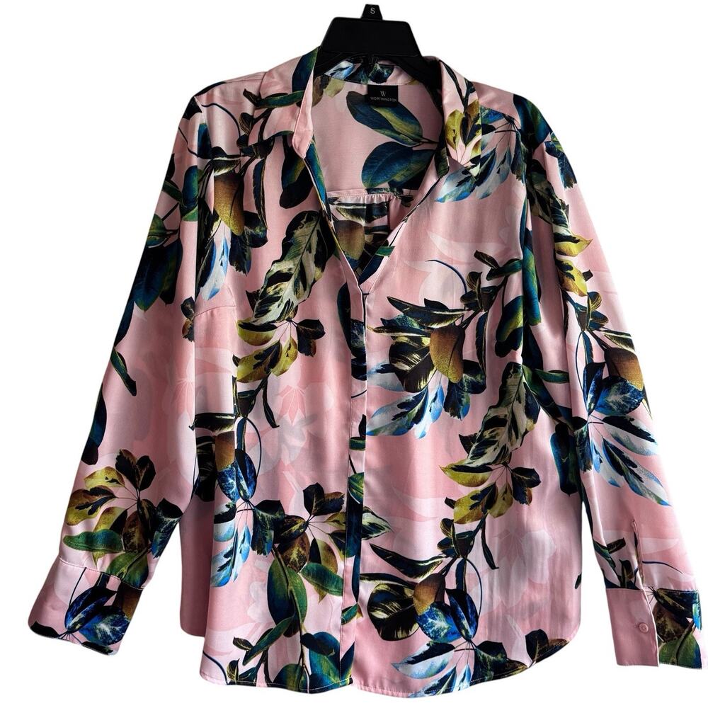 Worthington Shimmer Pink Floral Button XL Long Sleeve Top Blouse Office Career